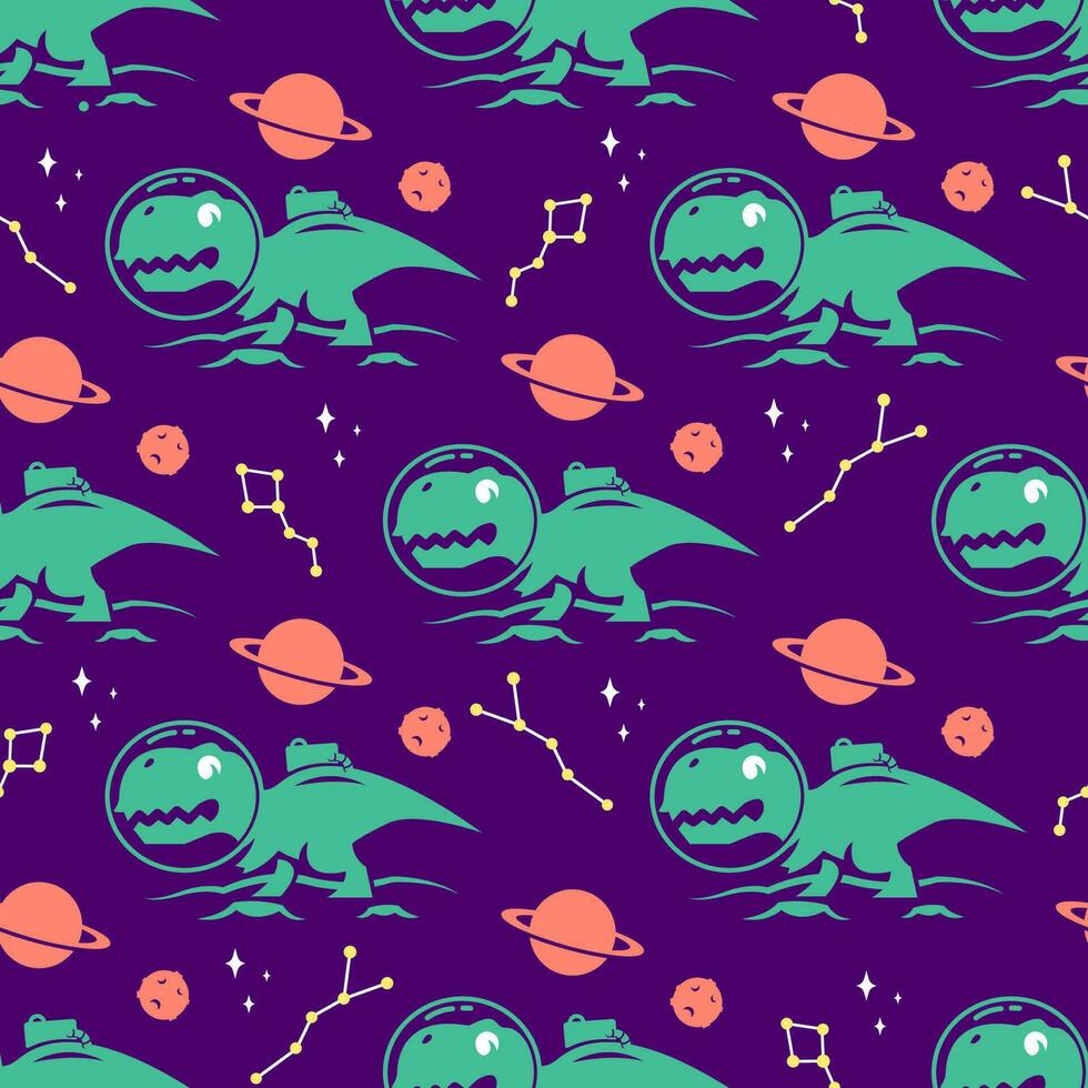 GREEN DINOSAUR IN SPACE FLAT SEAMLESS PATTERN. PREMIUM VECTOR. vector