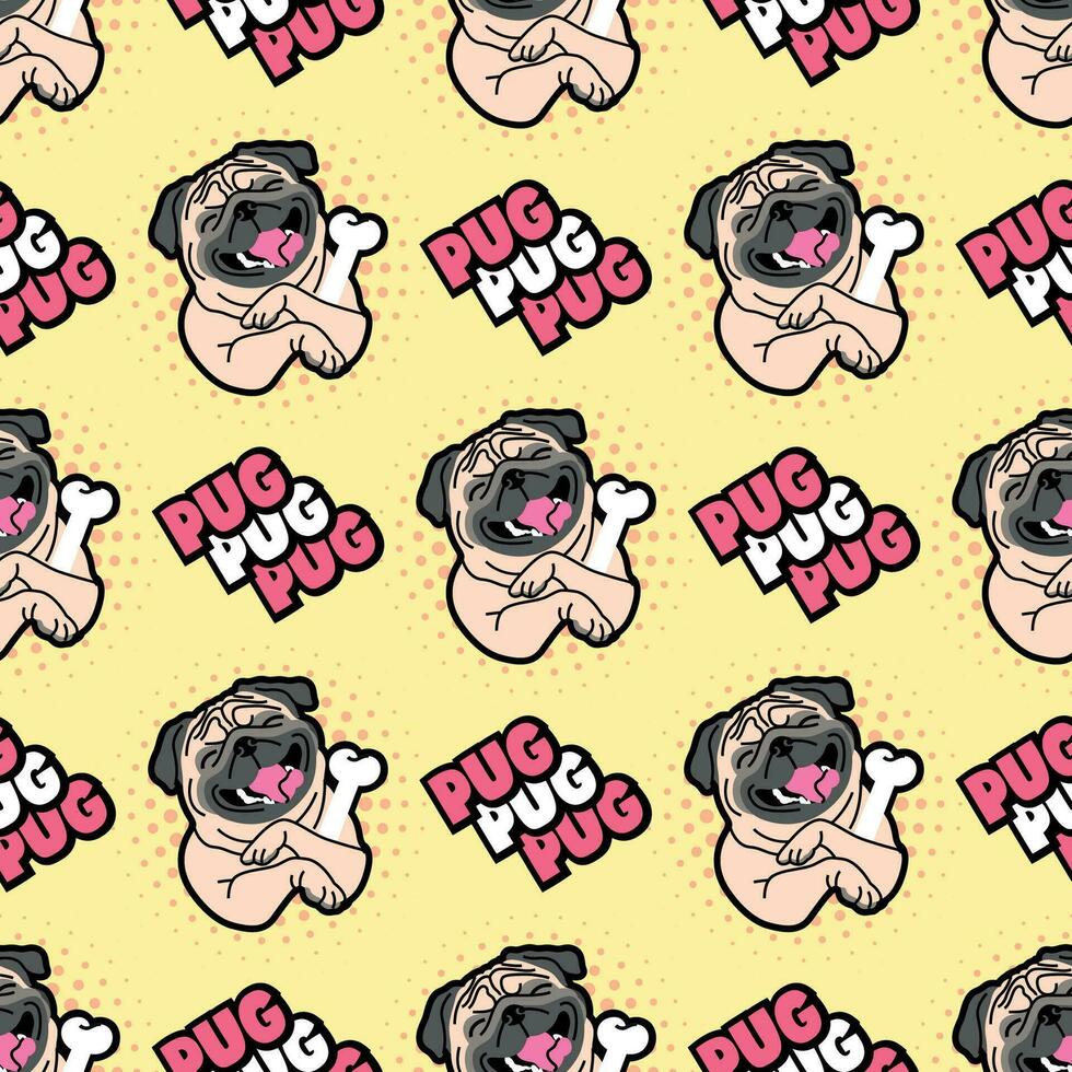 A CUTE PUG DOG WITH A FUNNY EXPRESSION AND HOLDING A BIG BONE. FLAT SEAMLESS PATTERN. vector