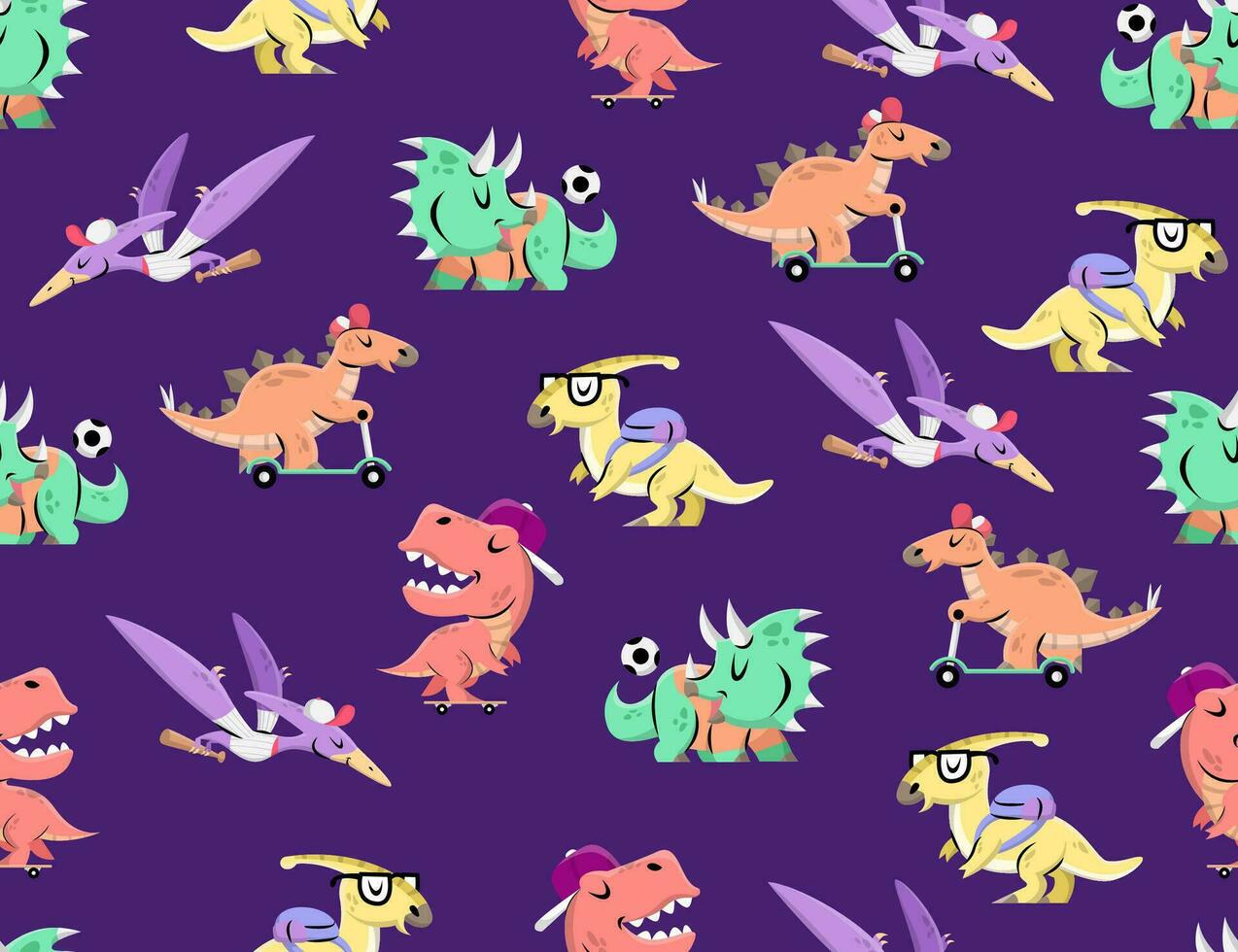 CUTE DINOSAURS IN DIFFERENT OUTFITS FLAT SEAMLESS PATTERN. PREMIUM VECTOR. vector