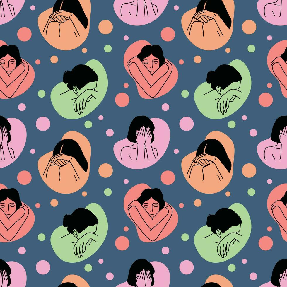 SAD GIRLS LINE ART WITH COLORFUL BACKGROUND SEAMLESS PATTERN DESIGN. vector