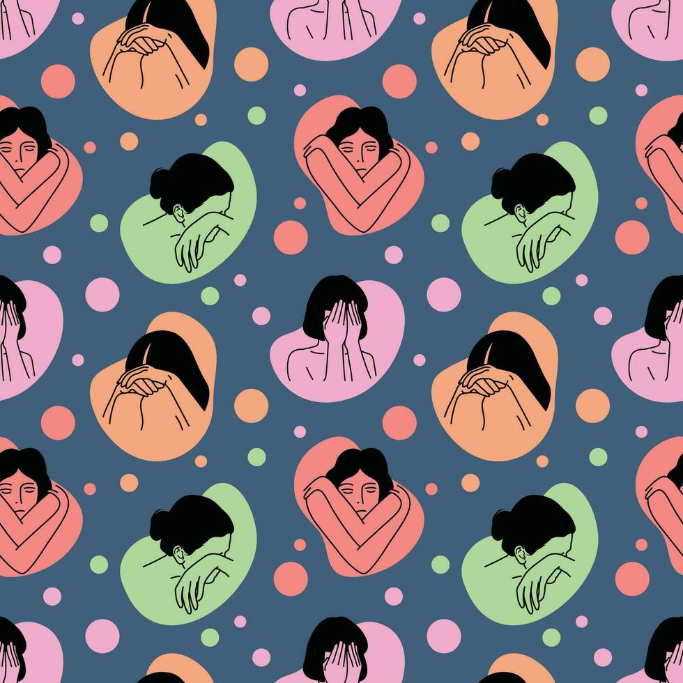 SAD GIRLS LINE ART WITH COLORFUL BACKGROUND SEAMLESS PATTERN DESIGN. vector