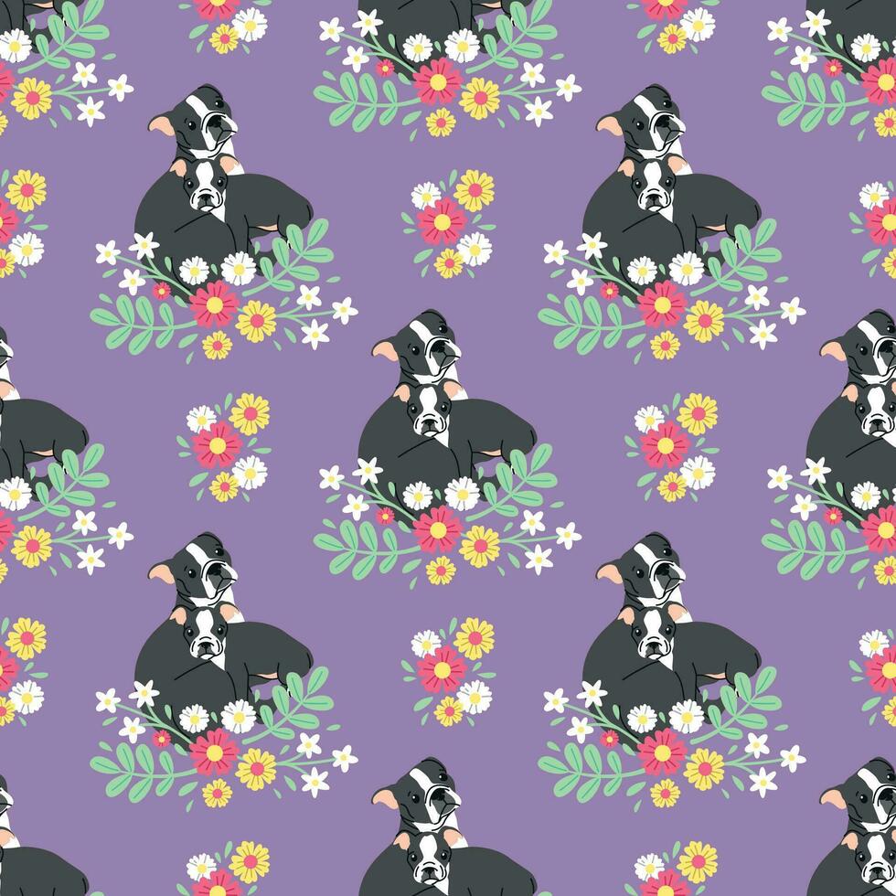 CUTE MOTHER AND KID FRENCH BULLDOG WITH BEAUTIFUL FLORAL SEAMLESS PATTERN. vector