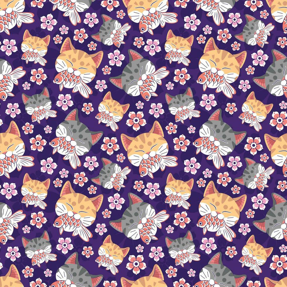 JAPANESE STYLE GREY AND ORANGE CAT HEAD IS BITING A KOI FISH WITH FLOWERS IN VIOLET BACKGROUND SEAMLESS PATTERN DESIGN. vector