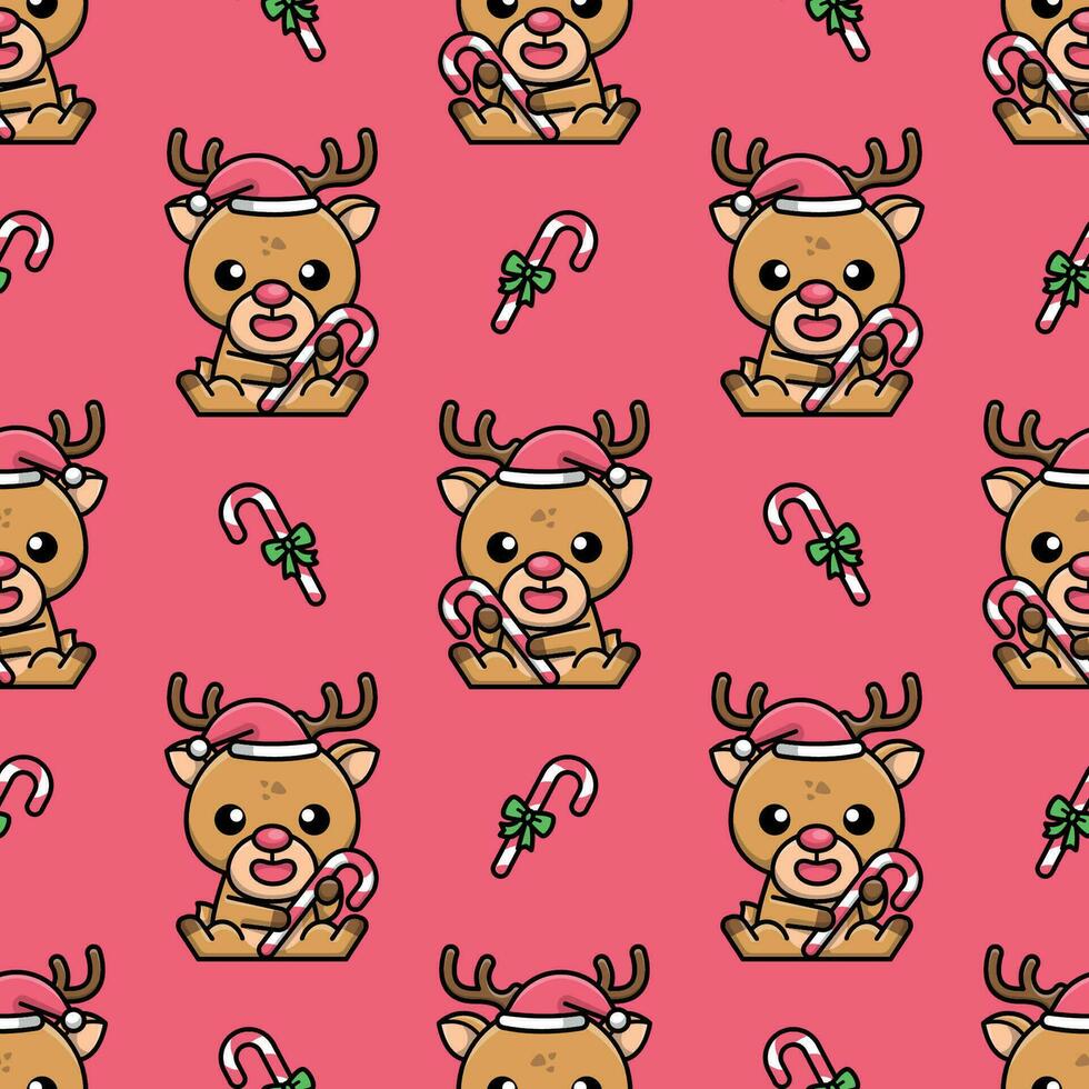 CUTE REINDEER IS HOLDING A CHRISTMAS CANDY SEAMLESS PATTERN vector