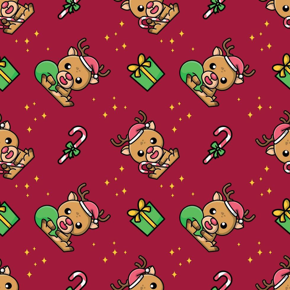 CUTE REINDEER IS CARYING A CHRISTMAS PRESENT BAG AND CANDY SEAMLESS PATTERN vector