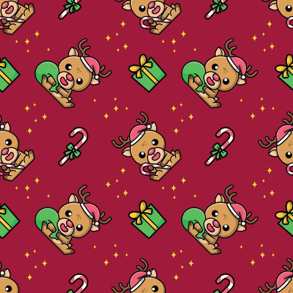 CUTE REINDEER IS CARYING A CHRISTMAS PRESENT BAG AND CANDY SEAMLESS PATTERN vector