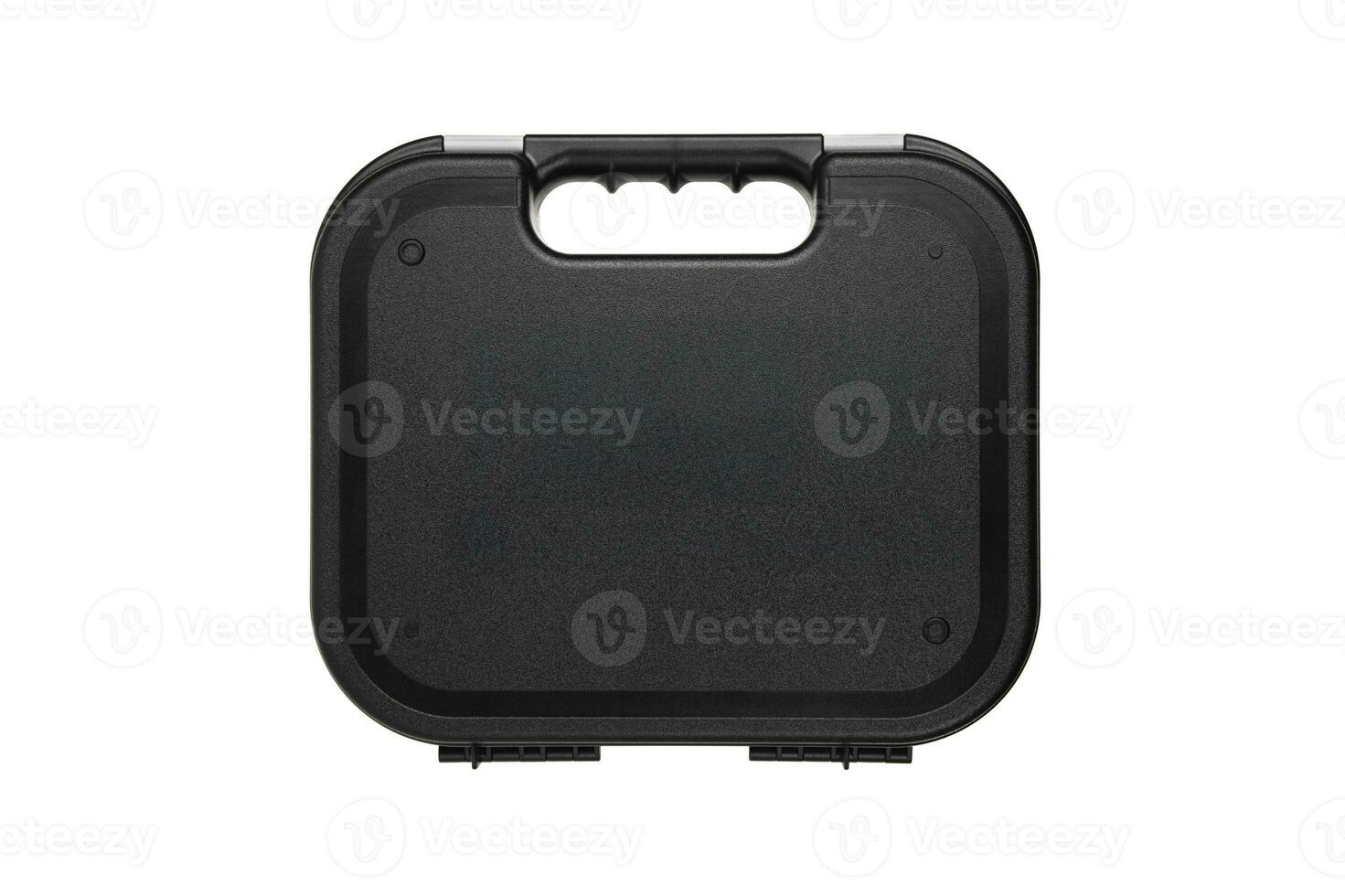 Black plastic container with foam inside for safe storage and transportation of fragile and expensive items. Sturdy plastic case. Isolate on a white back. photo