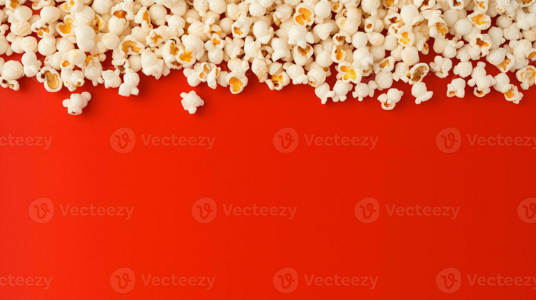 AI generated Popcorn scattered on a red background.  A classic movie theater snack. View from above. photo