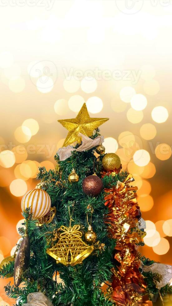 Portrait and Close up of christmas tree with decorations, copy space area, blur light background. photo