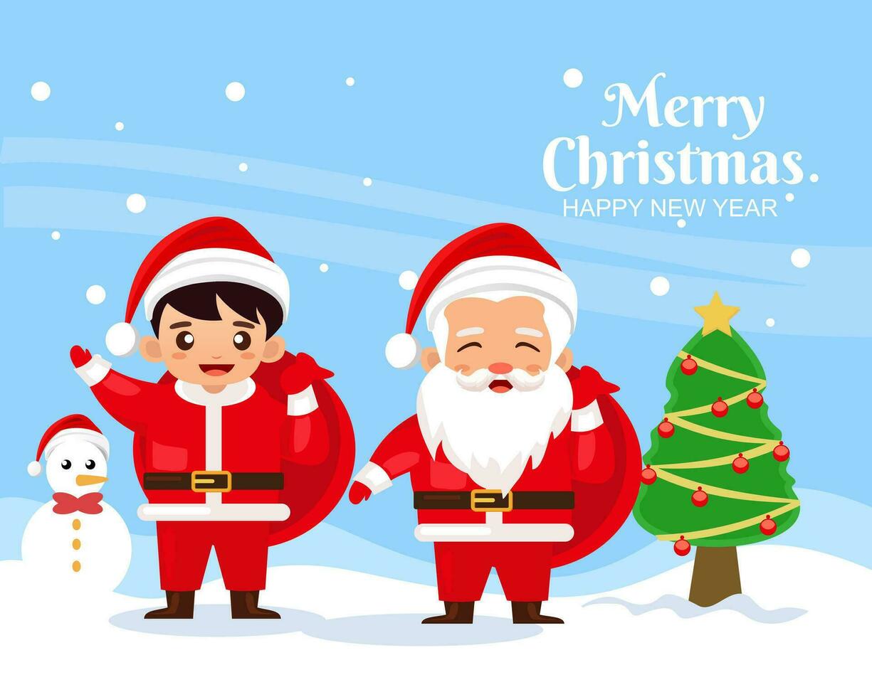 Merry Christmas and happy new year greeting card with cute Santa Claus and  happy boy vector