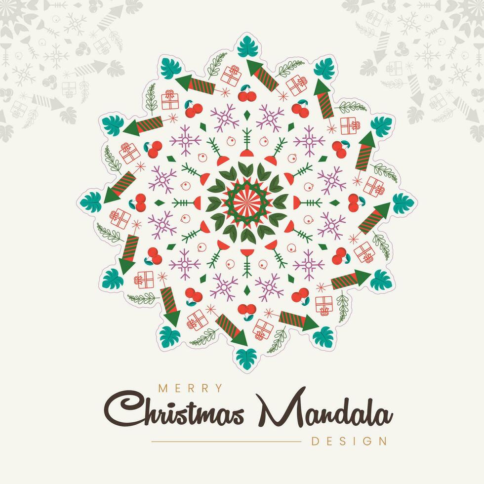 Christmas mandala, holiday coloring page with Xmas attributes vector illustration