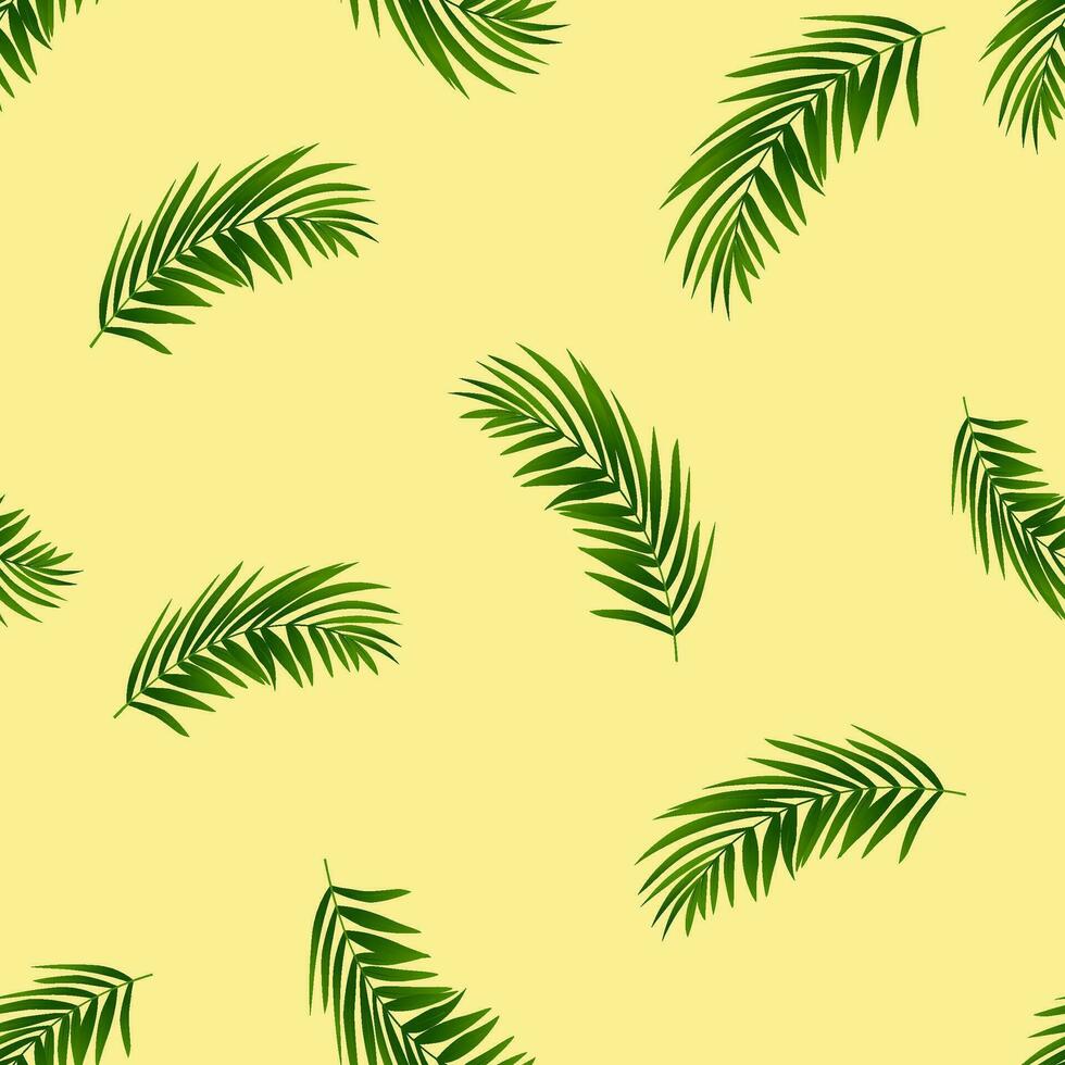 Summer background,Seamless Pattern Palm leaves on Yellow Color,Pattern Random Green Coconut leaves,Vector Seamless Tropical Nature branches for Holiday Season,Travel,Vacation Background vector