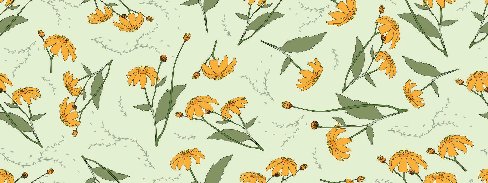sin costura modelo girasol en verde fondo, vector amarillo floral modelo en verde menta, flores silvestres botánico impresión mano dibujado estilo. Clásico ilustración tela modelo para primavera verano