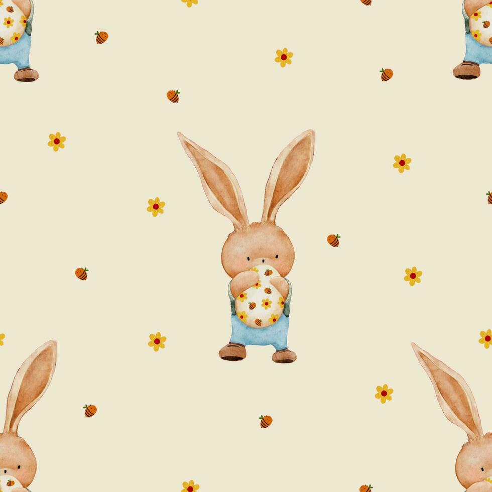 Seamless Rabbit holding Easter Egg with Bee flying on beige background,Vector Watercolour Pattern Cartoon Bunny Hare character for Easter card vector