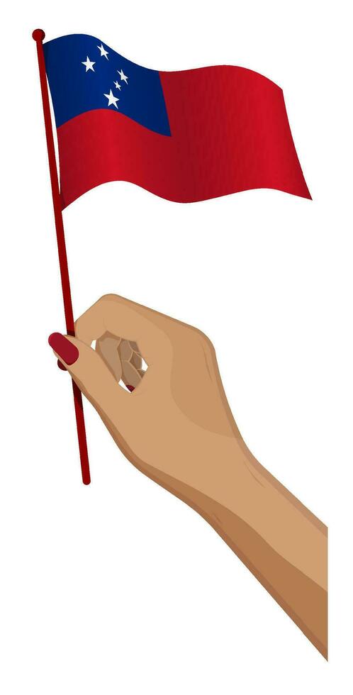 Female hand gently holds small Samoa flag. Holiday design element. Cartoon vector on white background