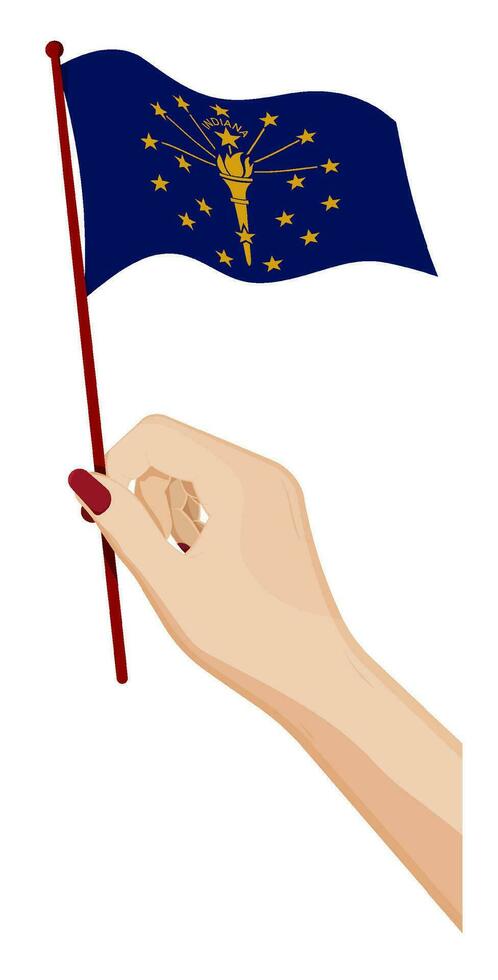 Female hand gently holds small flag of american state of Indiana. Holiday design element. Cartoon vector on white background