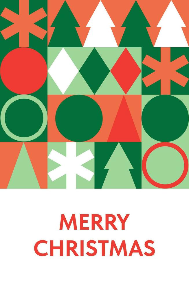 Merry Christmas card with geometric fir trees and balls. vector