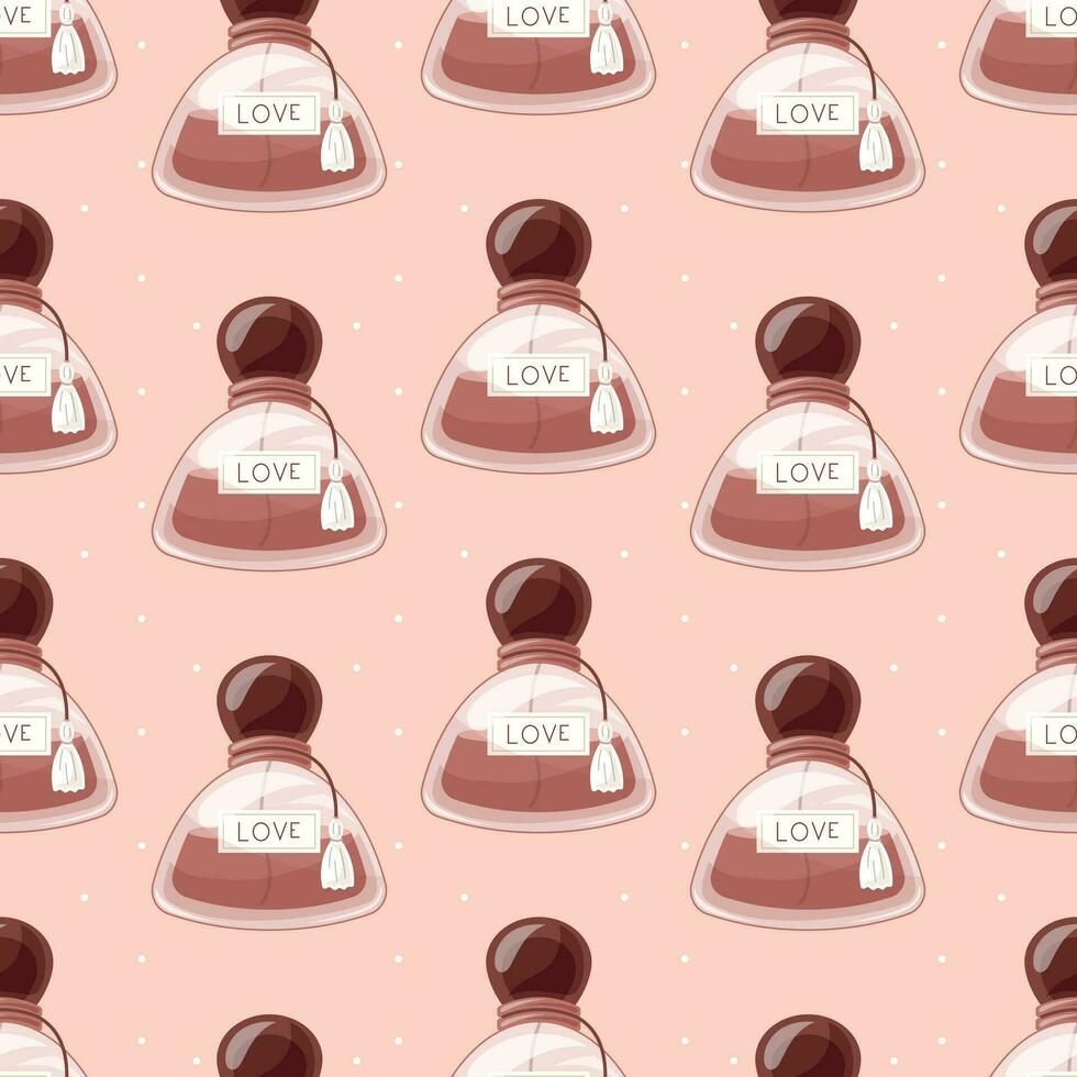 Glass elegant bottle of fragrant perfume. Vector seamless pattern, cartoon eau de parfum.