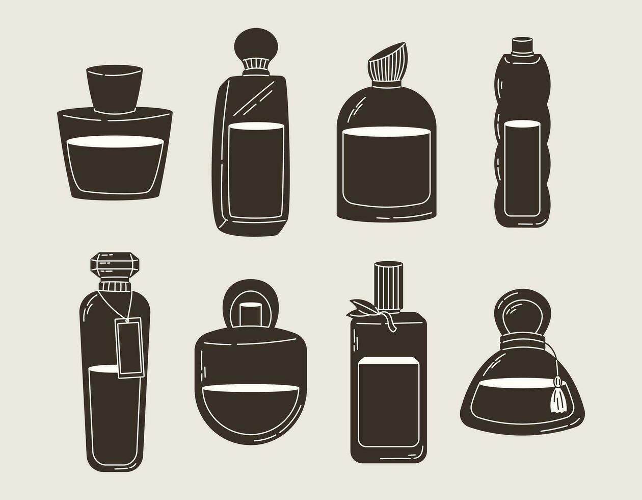 Collection of Glass elegant bottles of fragrant perfume. Vector set of eau de parfum icons.