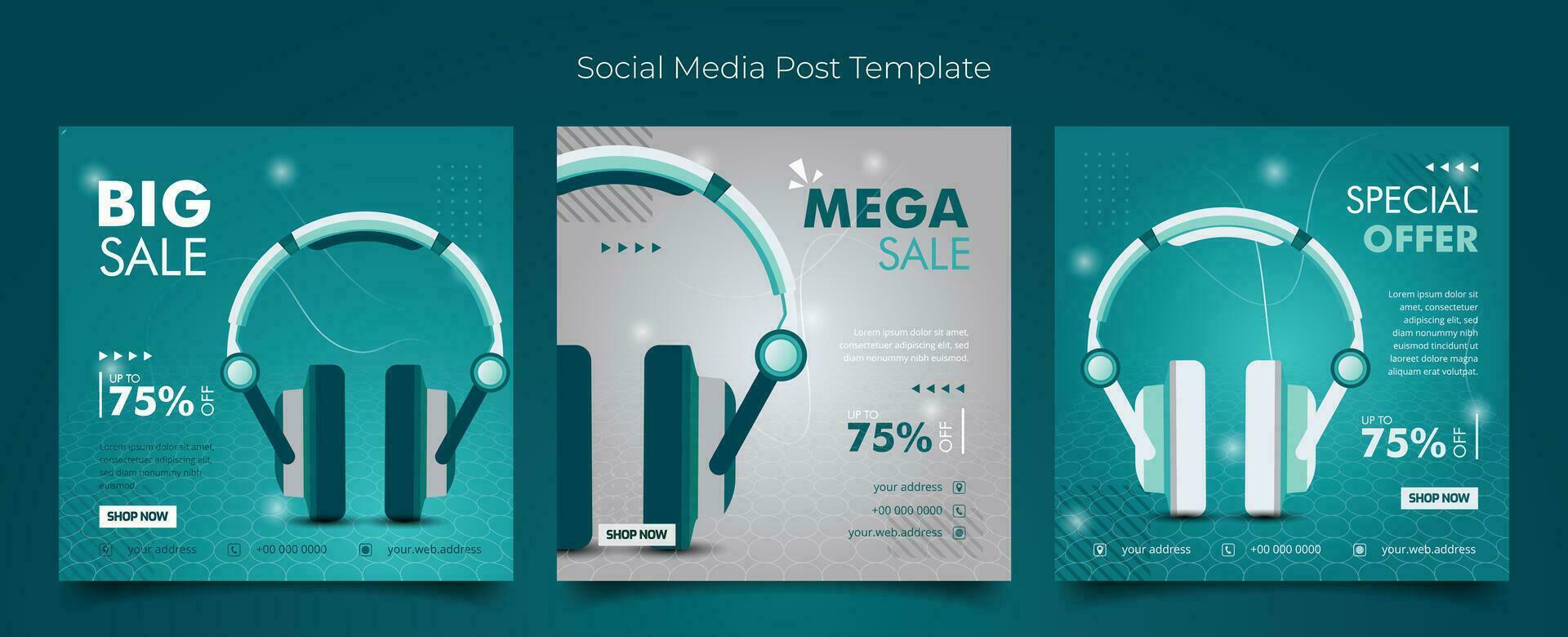 Social media template with headphone in abstract green white background for shop advertising design vector