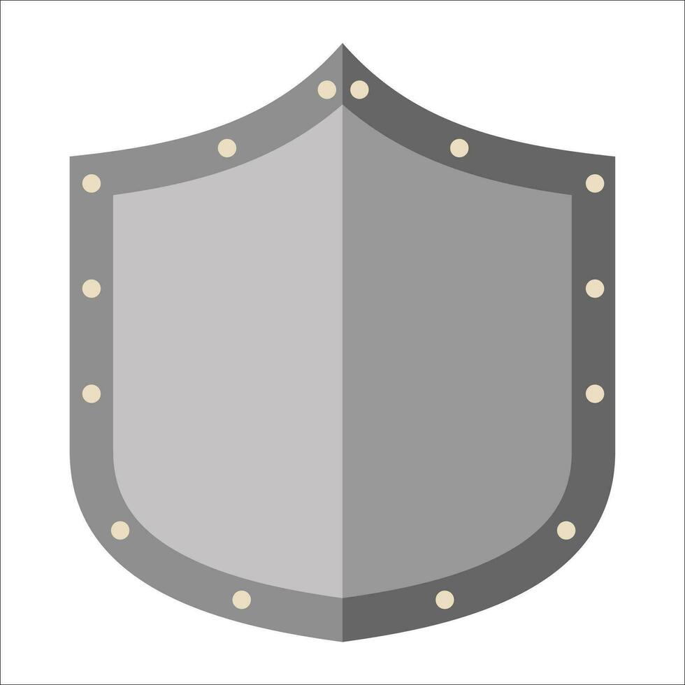 silver shield icon flat vector design. Heraldic symbol award badge shape. Medieval metal weapons.