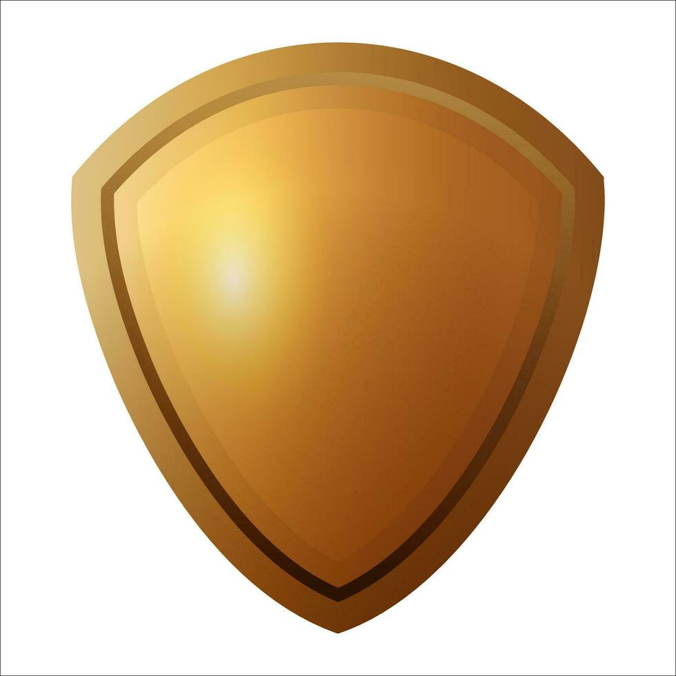 Gold metal shield. Shields with reflection in shiny. Vector gold shields icons isolated. Realistic isolated golden armory. Blank gold metal shield