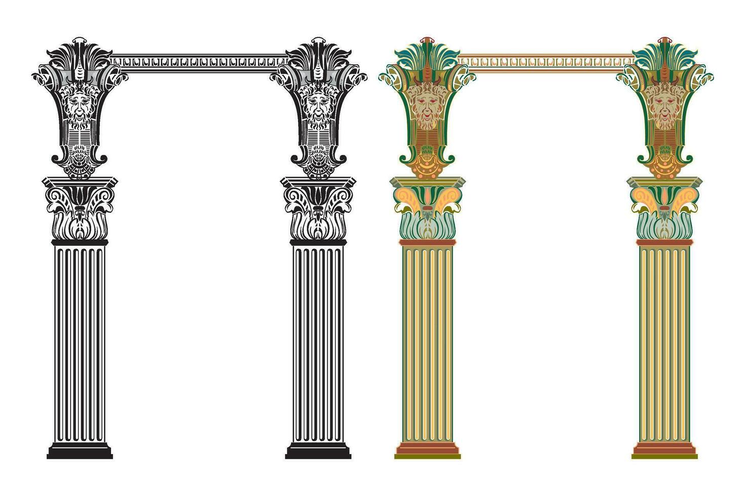 Clásico antiguo iónico columna marcos ornamental diseño en blanco antecedentes vector