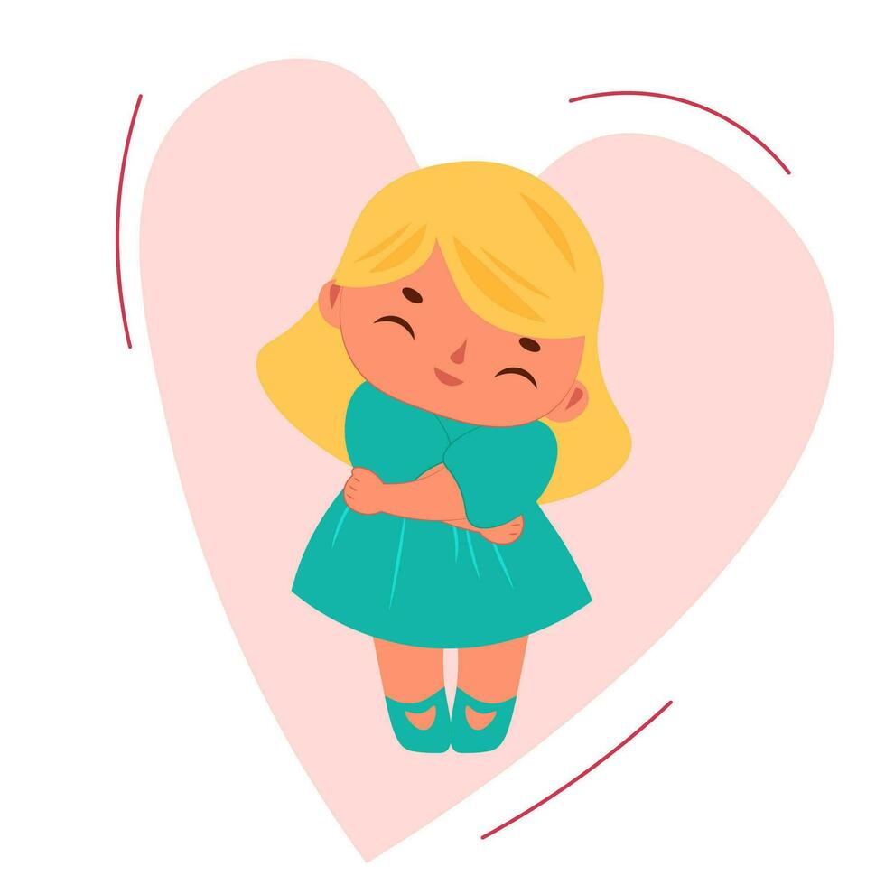 Love yourself. A cute girl hugging herself. Taking care of yourself, accepting yourself. Vector illustration.