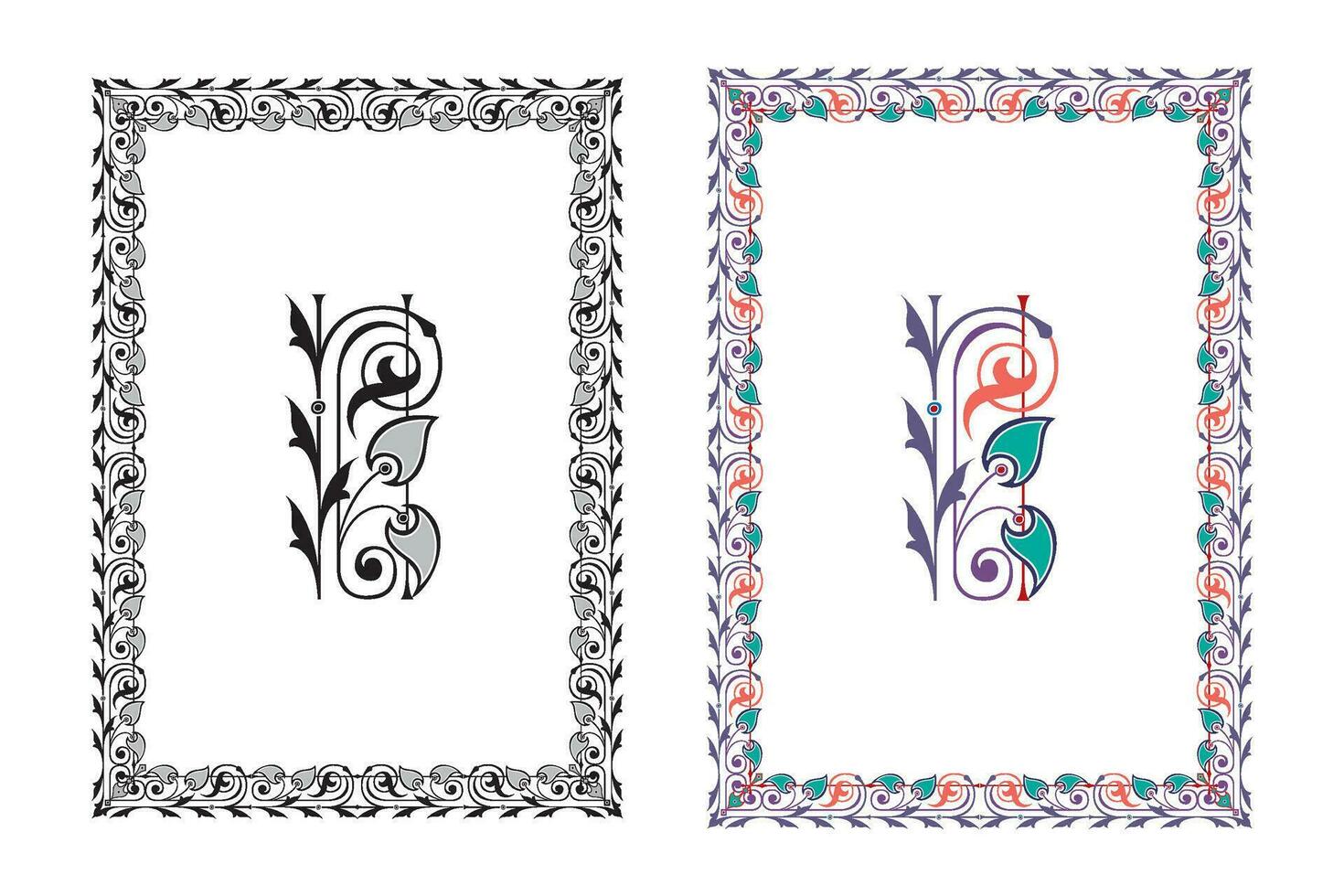 Vintage floral classic calligraphic retro vignette scroll frames ornamental design elements black and color set isolated vector