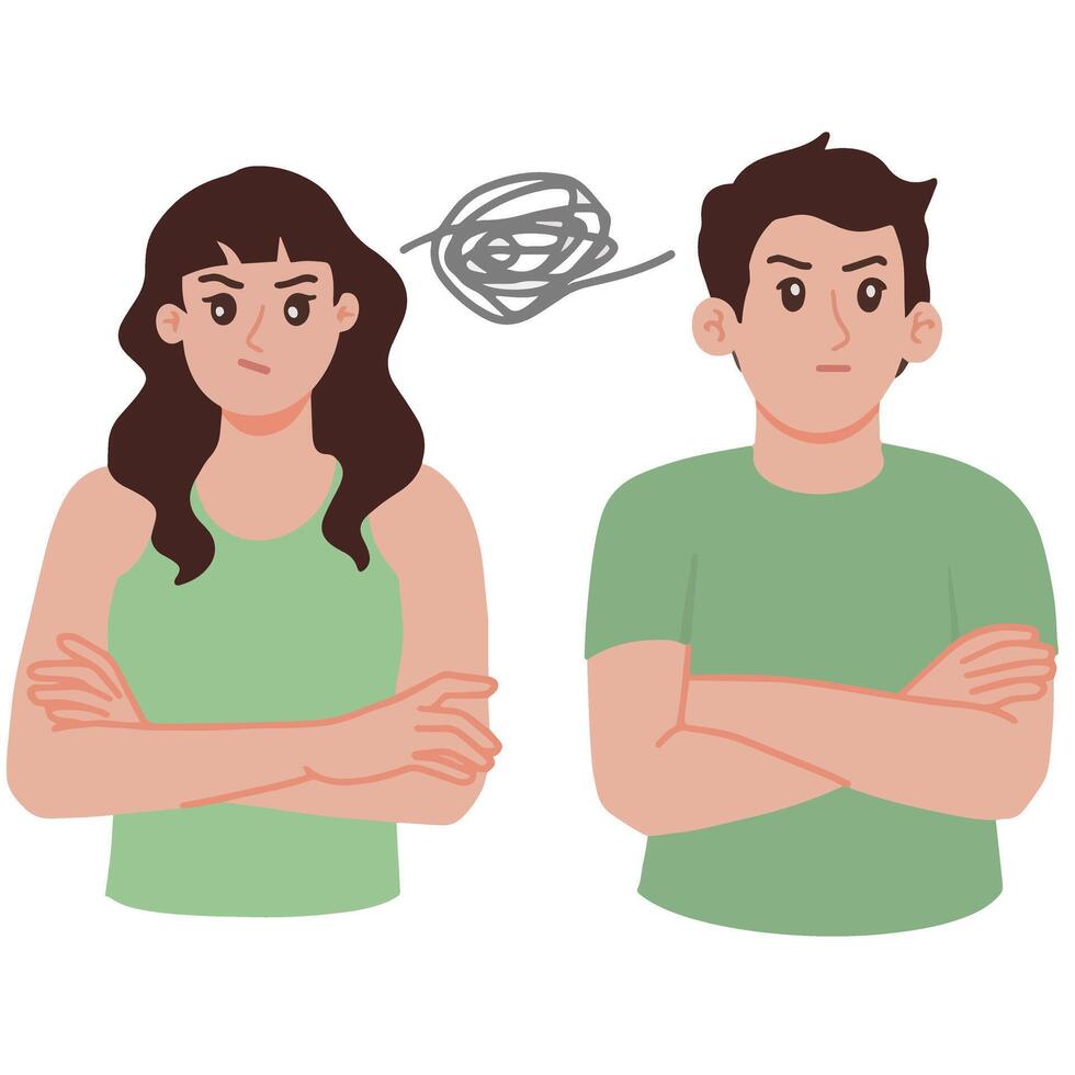 Portrait angry offended couple with arms folded ignoring each other relationship vector illustration