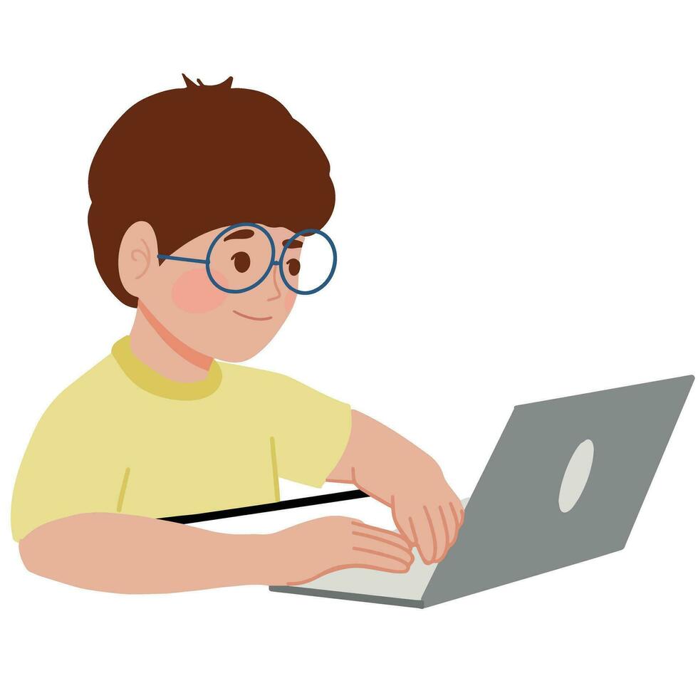 linda pequeño chico hogar enseñanza estudiando con su artilugio ordenador portátil colegio desde hogar ilustración vector