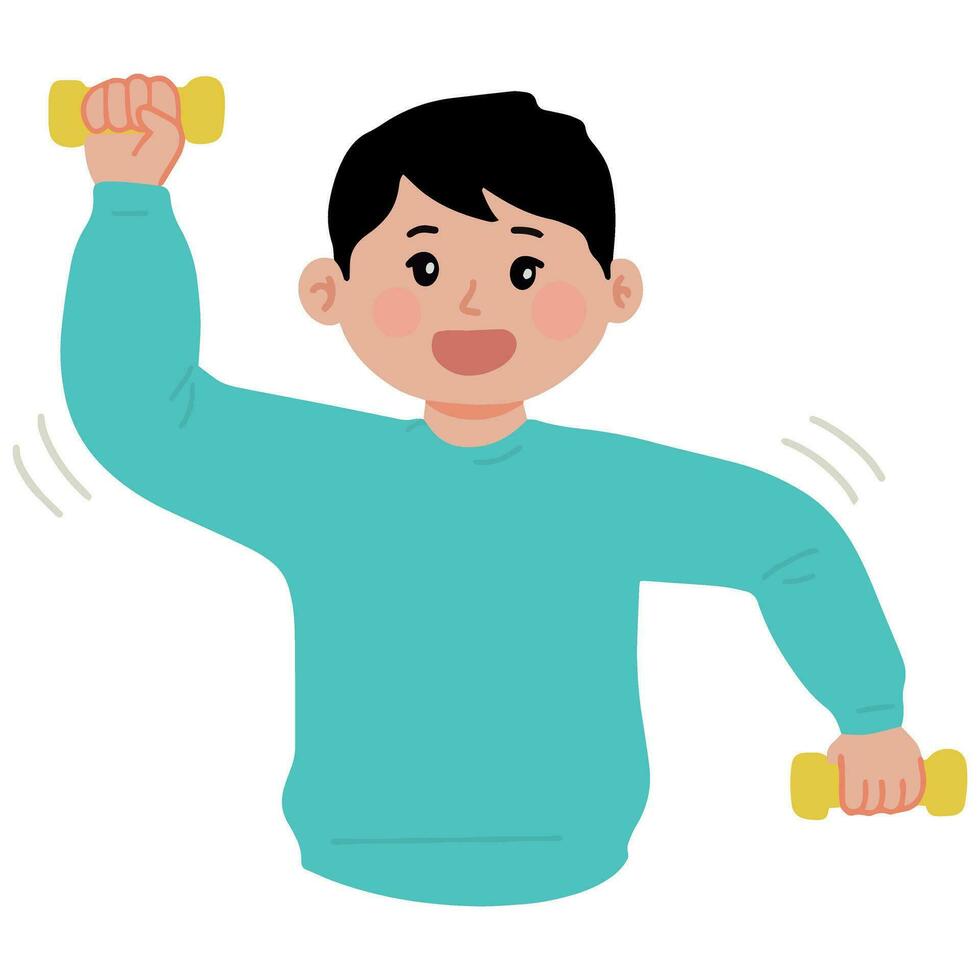Young boy doing dumbbell lifting exercises vector