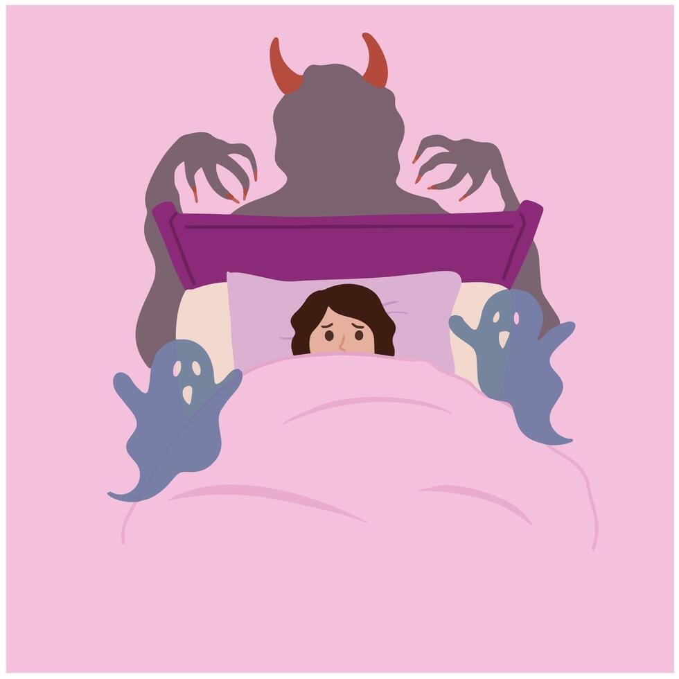 Portrait Woman in bedroom lying in bed hiding under blanket insomnia vector hand drawing