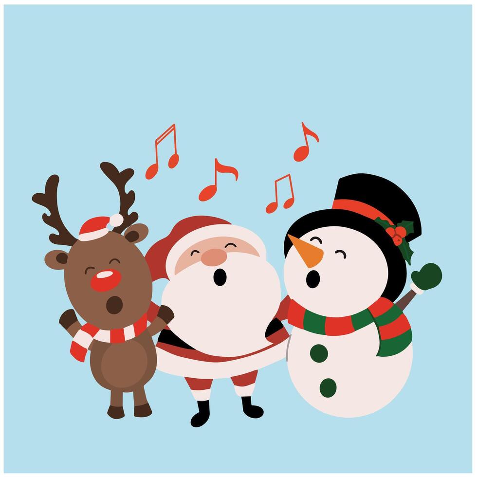 Illustration of  cute and happy santa reindeer and snowman singing christmas song winter hand drawing vector