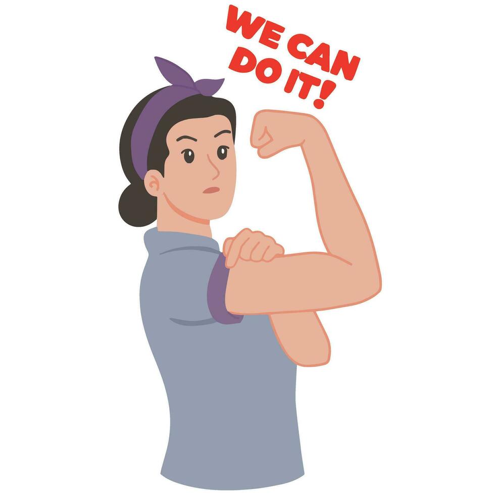 Women raised arms clenched fist rolling up her sleeve illustration vector