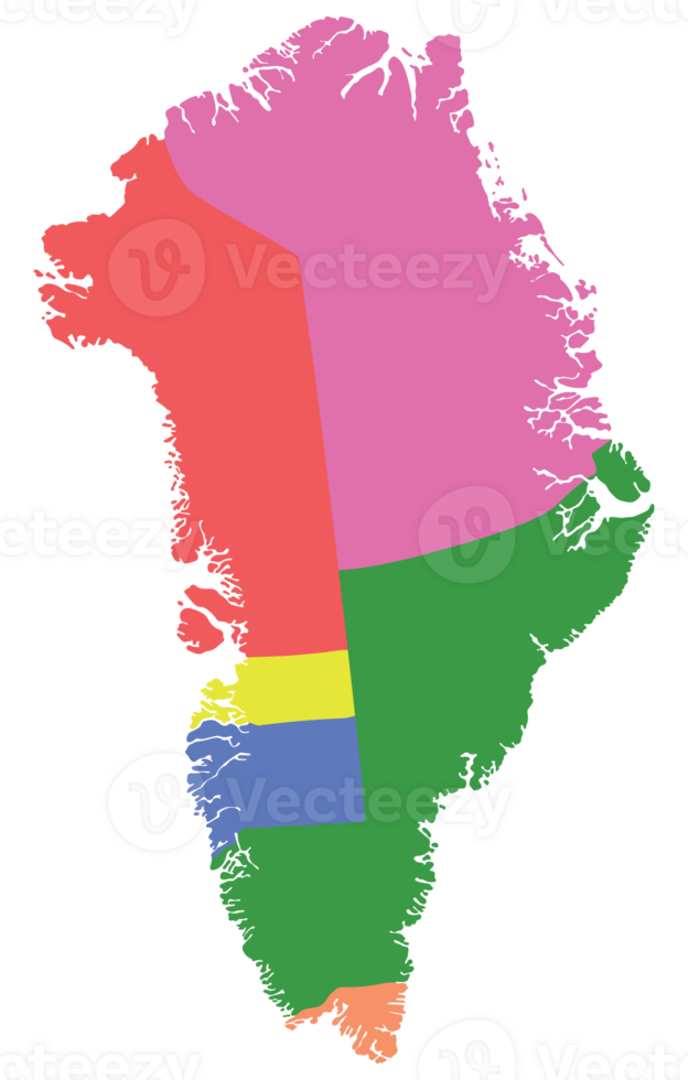 Greenland map. Map of Greenland divided into five regions. png