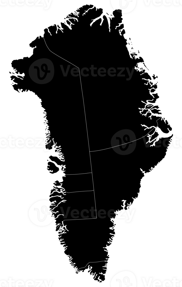 Greenland map. Map of Greenland divided into five regions in black color png