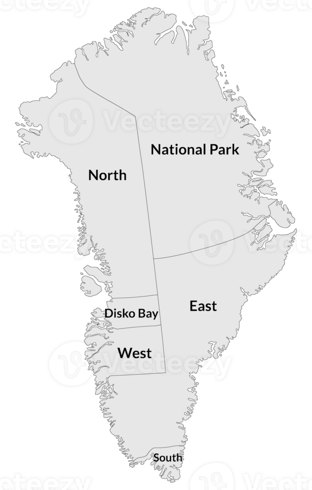 Greenland map. Map of Greenland divided into five regions. png