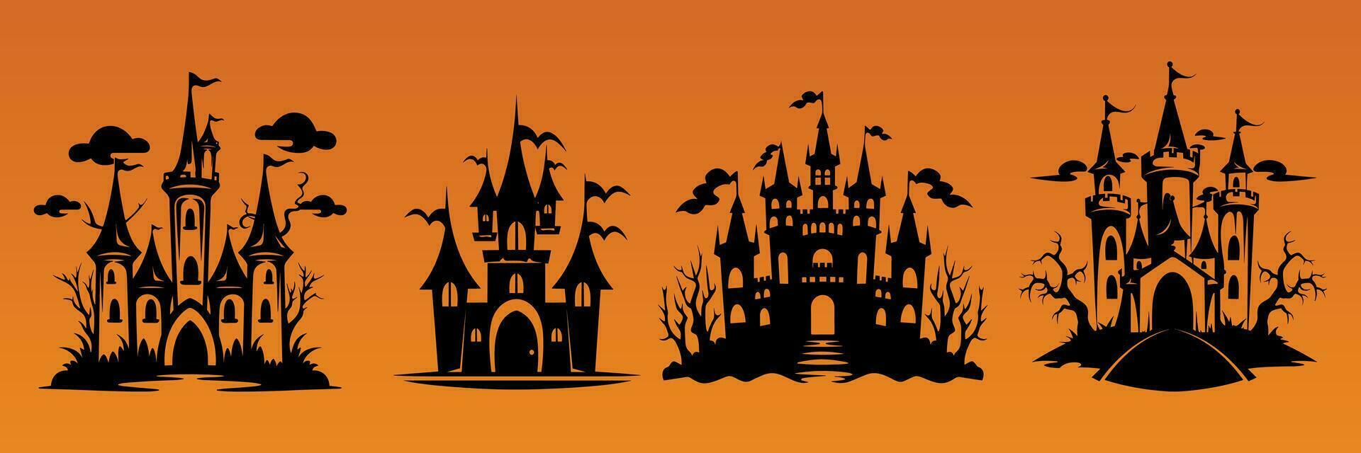 set of vector halloween castle landscape. black castle sillhouette. castle sillhouette with trees vector illustration