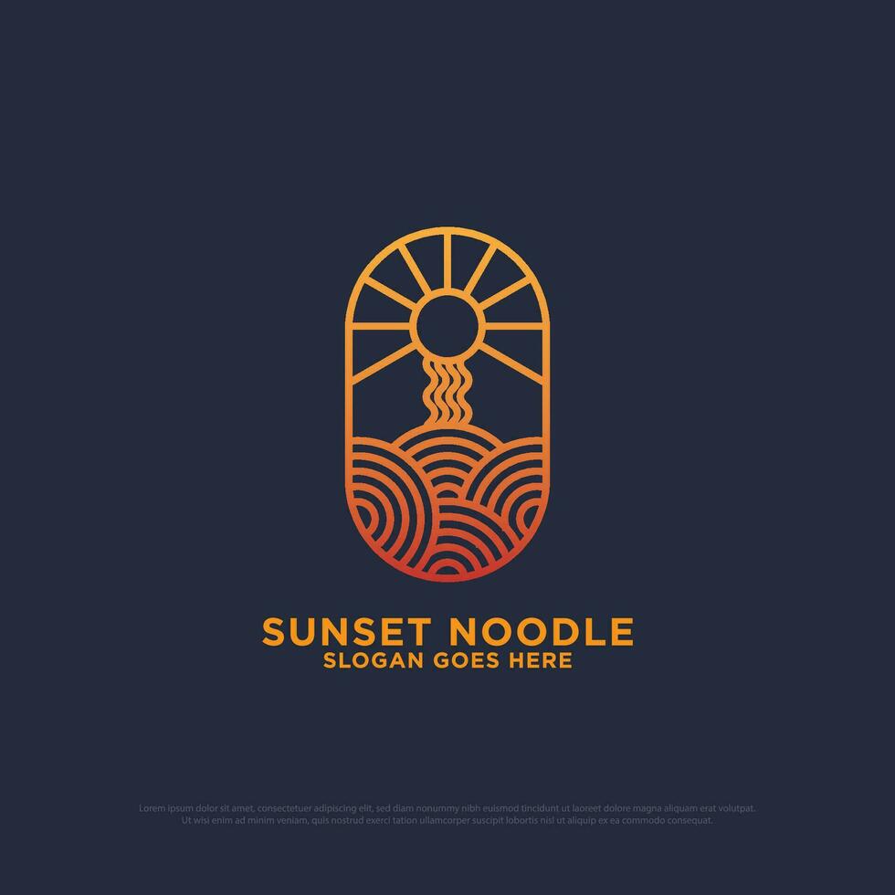 sunset noodle logo design vector, outline food and beverages vector illustration, nature outdoor cafe shop logo template
