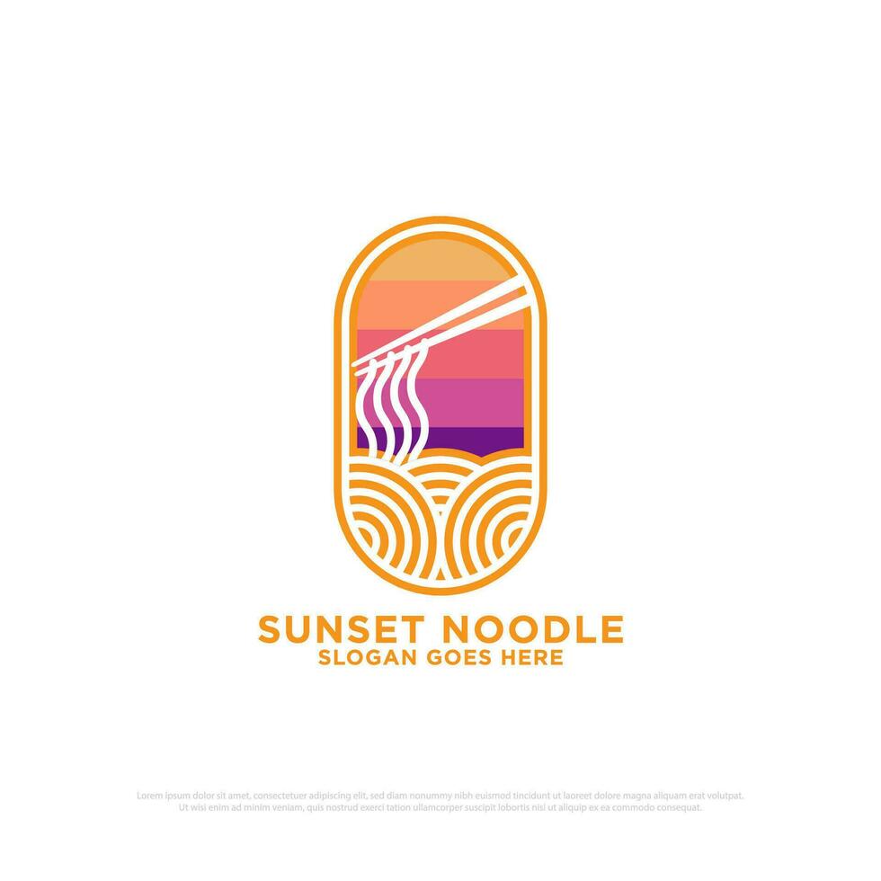 sunset noodle logo design vector, outline food and beverages vector illustration, nature outdoor cafe shop logo template