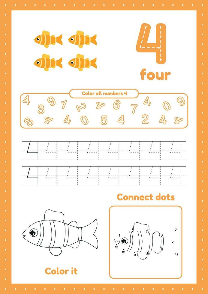 Kids preschool worksheet with many exercises. Learn number four. Coloring, tracing fish vector