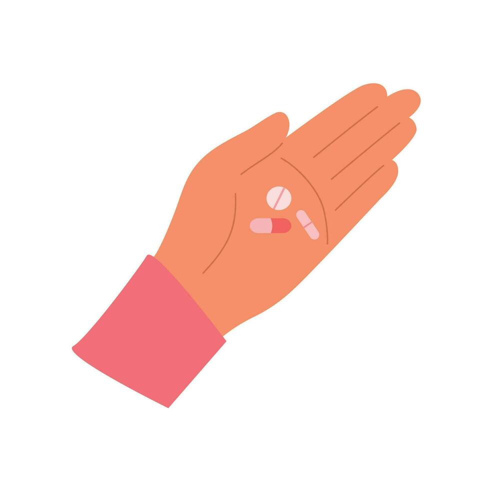 Woman hand holding pills. Drugs, vitamins in female hand. Patient taking medicines. Vector