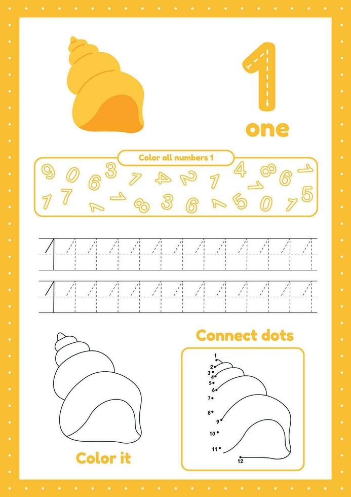Kids activity pages. Learn numbers. Preschool worksheets. Number one. Coloring, tracing shell vector