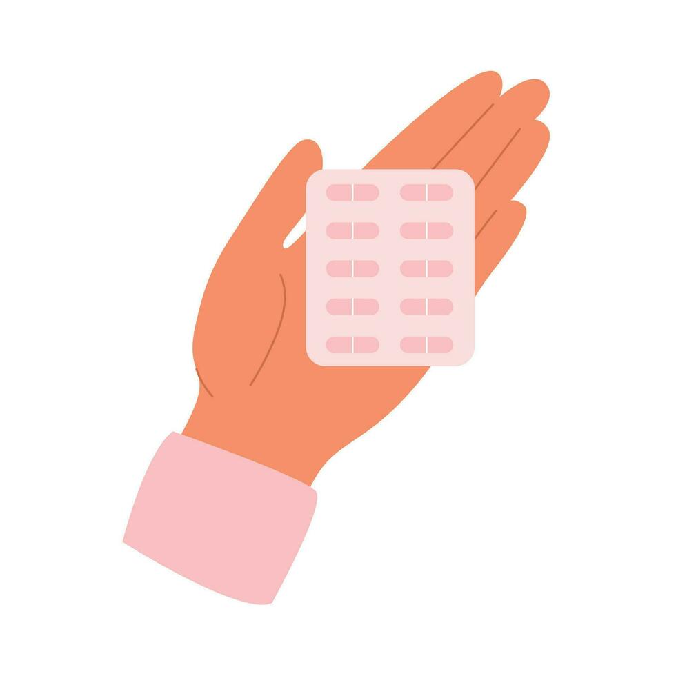 Female hand holding a blister with pills. Blister with Vitamins in woman hand. Healthcare, medicine concept. Vector