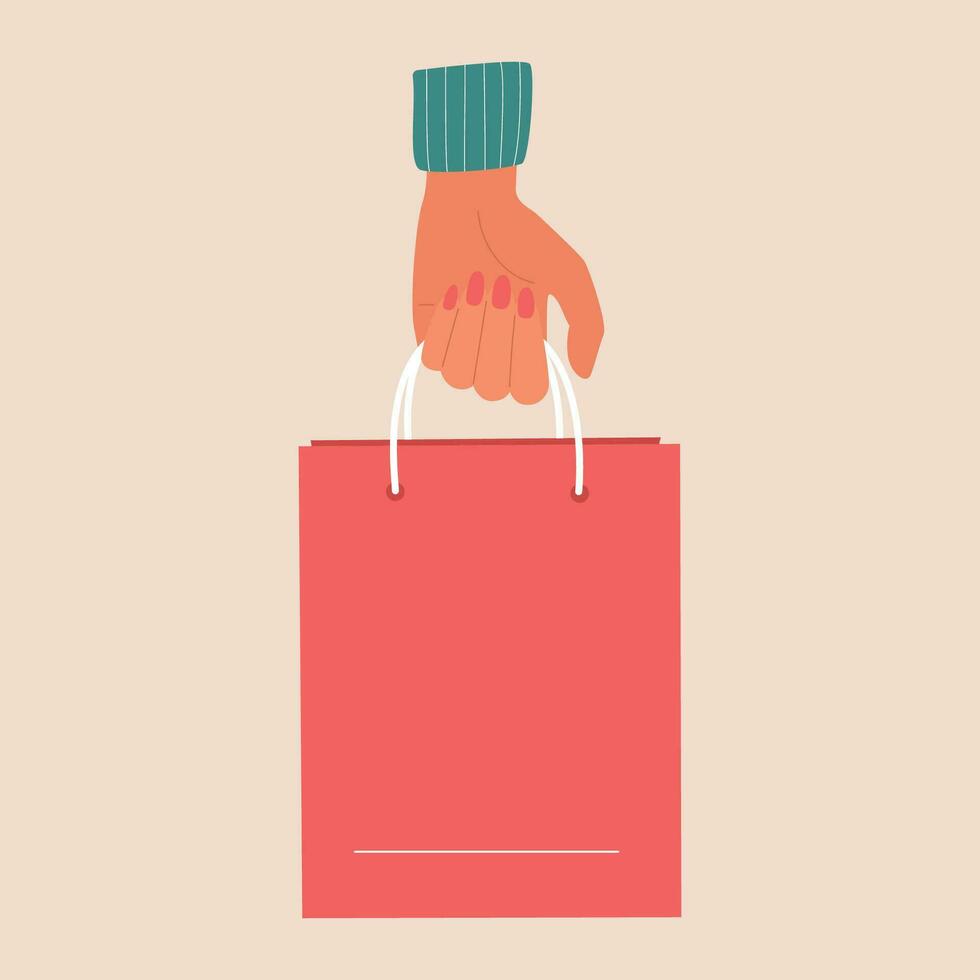 Woman hand hold shopping or gift bag. Shopping concept for banner, poster. Vector