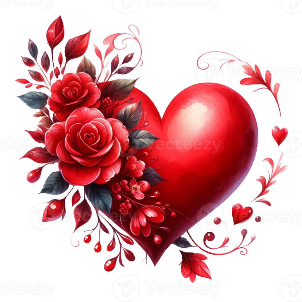 AI generated Cute red shape heart watercolor  with rose flower. hand painted clip art element. on valentine day on transparency png file format