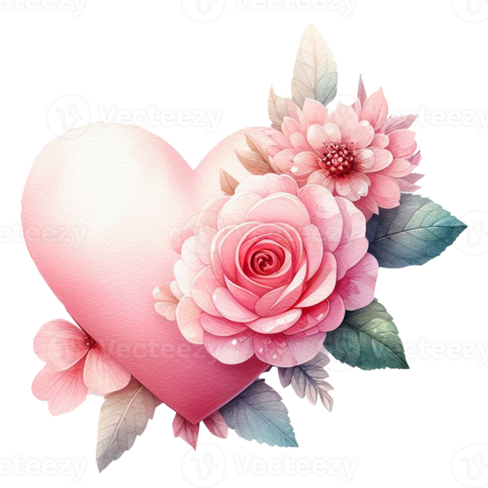 AI generated Cute red shape heart watercolor  with rose flower. hand painted clip art element. on valentine day on transparency png file format