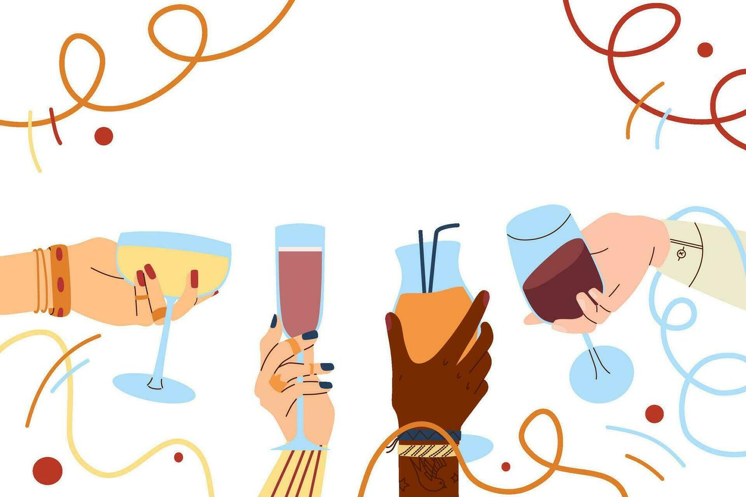 Background with hands holding glasses of wine, champagne and cocktails. The concept of a festive poster and a web banner. vector