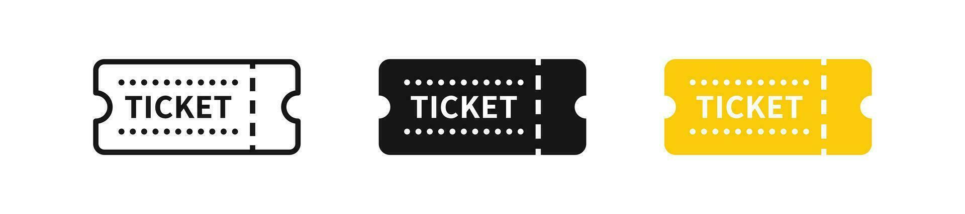 Ticket icon. Coupon symbol. Raffle signs. Movie symbols. Concert icons. Theater event pass. Black, yellow color. Vector sign.
